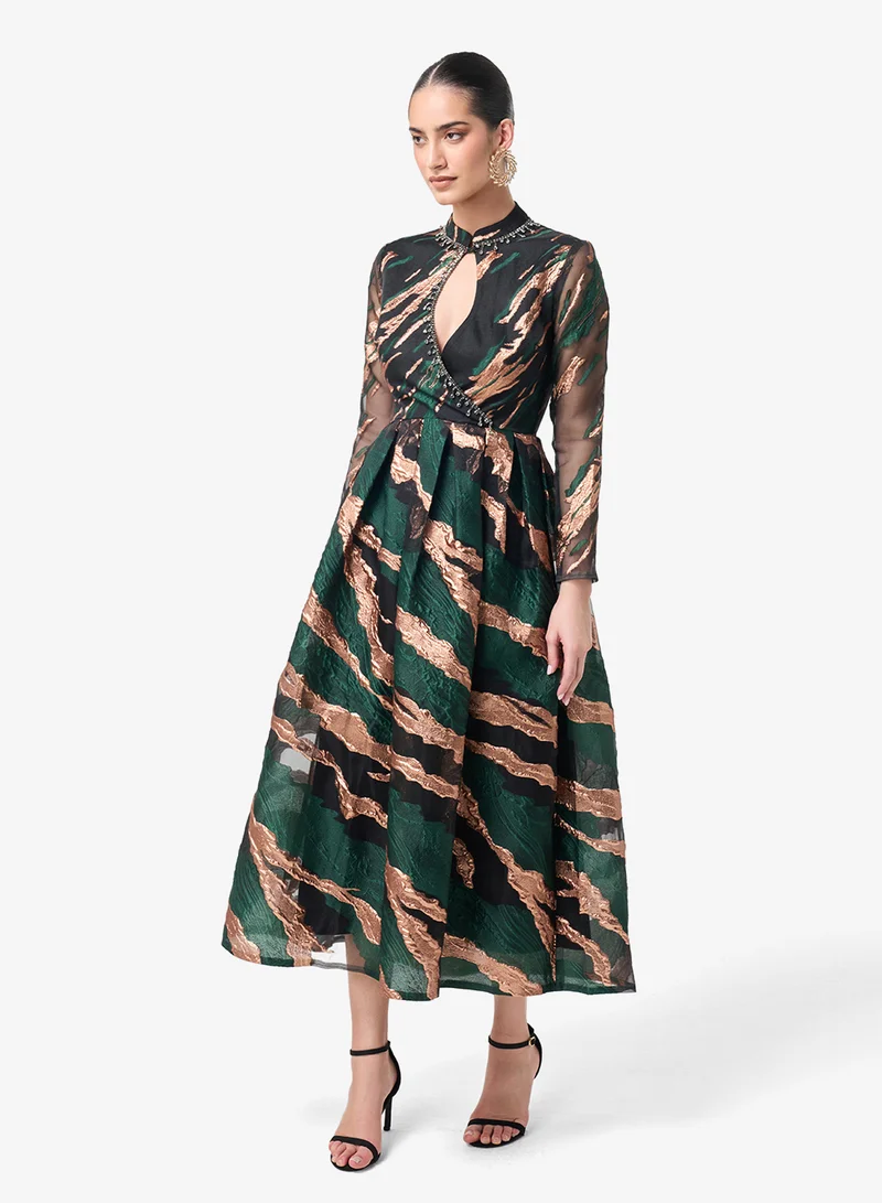 Threadz by Ajooni  Printed Long Sleeve Midi Dress for Women | Best Price UAE