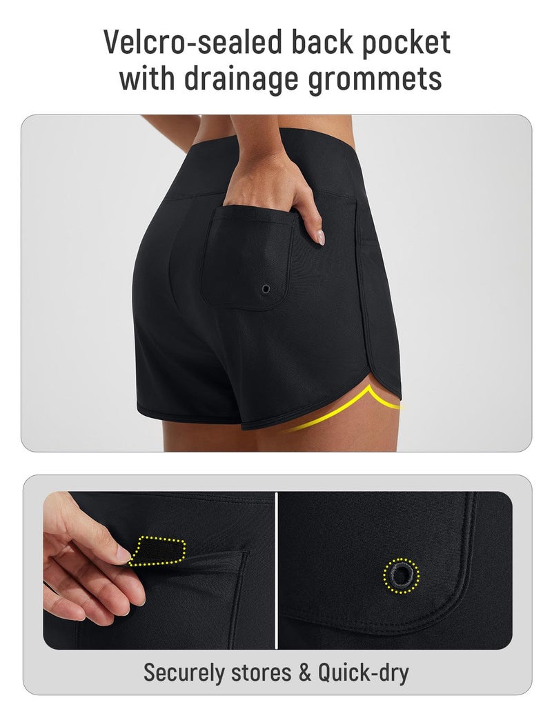 baleaf Women's 3" Swim Shorts High Waisted Board Shorts Quick Dry Bathing Suit Swimsuit Tankini Bottoms with Velcro-Sealed Pockets UPF50+ Black M - Image 5