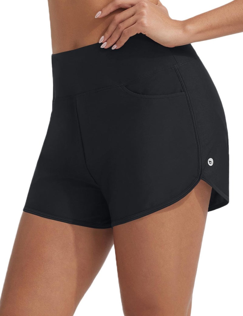 baleaf Women's 3" Swim Shorts High Waisted Board Shorts Quick Dry Bathing Suit Swimsuit Tankini Bottoms with Velcro-Sealed Pockets UPF50+ Black M - Image 1