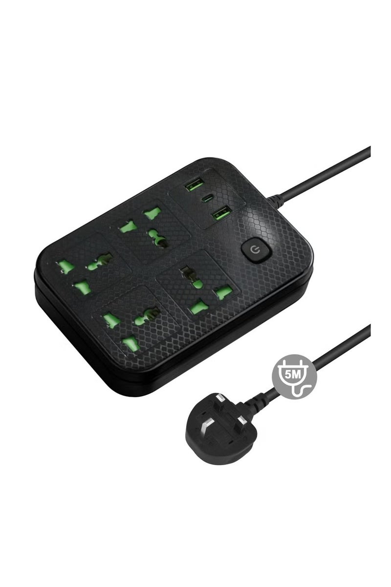 أنمي مقاطع الطاقة سلك الامتداد 4 مقابس محول السدادة الشاملة مع منفذ من النوع C و 2 منافذ منفذ واقي تدفق التيار مقبس شحن مع سلك تمديد مقاس 5 م (أسود