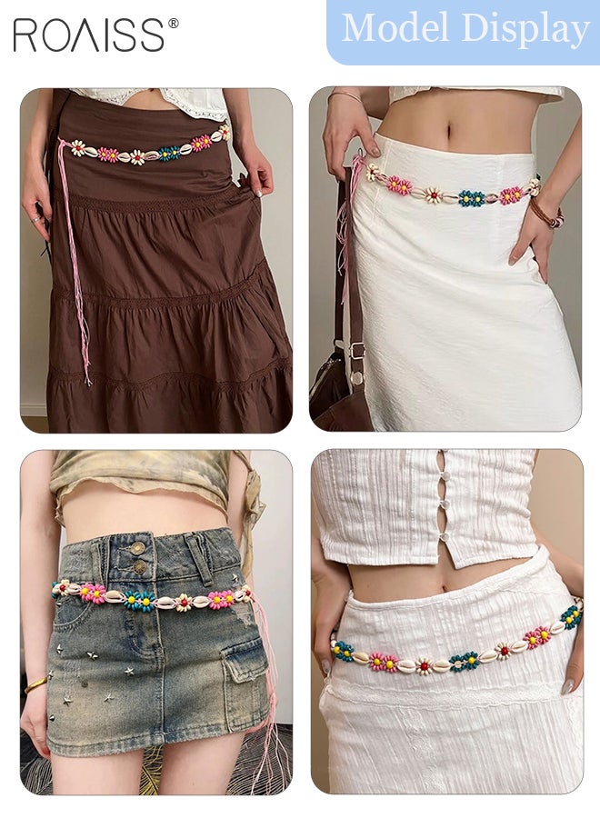 roaiss Bohemian Vintage Braided Belt, Women's Ethnic Style Waist Chain, Decorated with Colorful Wooden Beads, Shells and Braided Flowers, Beaded Western Belt Suitable for Campus Beach, Skirt Decoration - Image 3