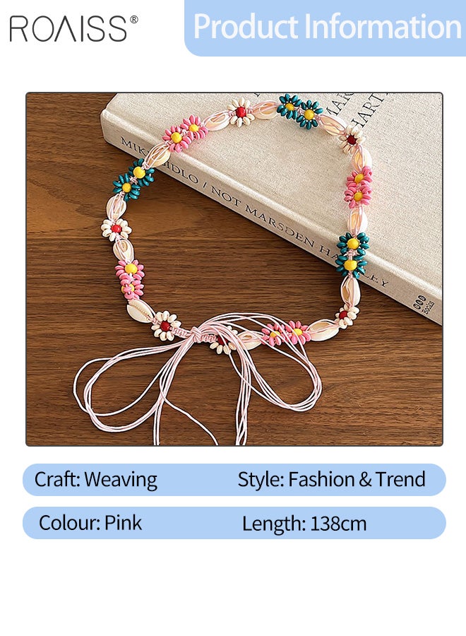 roaiss Bohemian Vintage Braided Belt, Women's Ethnic Style Waist Chain, Decorated with Colorful Wooden Beads, Shells and Braided Flowers, Beaded Western Belt Suitable for Campus Beach, Skirt Decoration - Image 2
