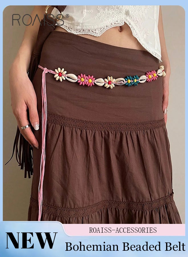 roaiss Bohemian Vintage Braided Belt, Women's Ethnic Style Waist Chain, Decorated with Colorful Wooden Beads, Shells and Braided Flowers, Beaded Western Belt Suitable for Campus Beach, Skirt Decoration - Image 1