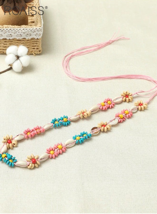 roaiss Bohemian Vintage Braided Belt, Women's Ethnic Style Waist Chain, Decorated with Colorful Wooden Beads, Shells and Braided Flowers, Beaded Western Belt Suitable for Campus Beach, Skirt Decoration - Image 5