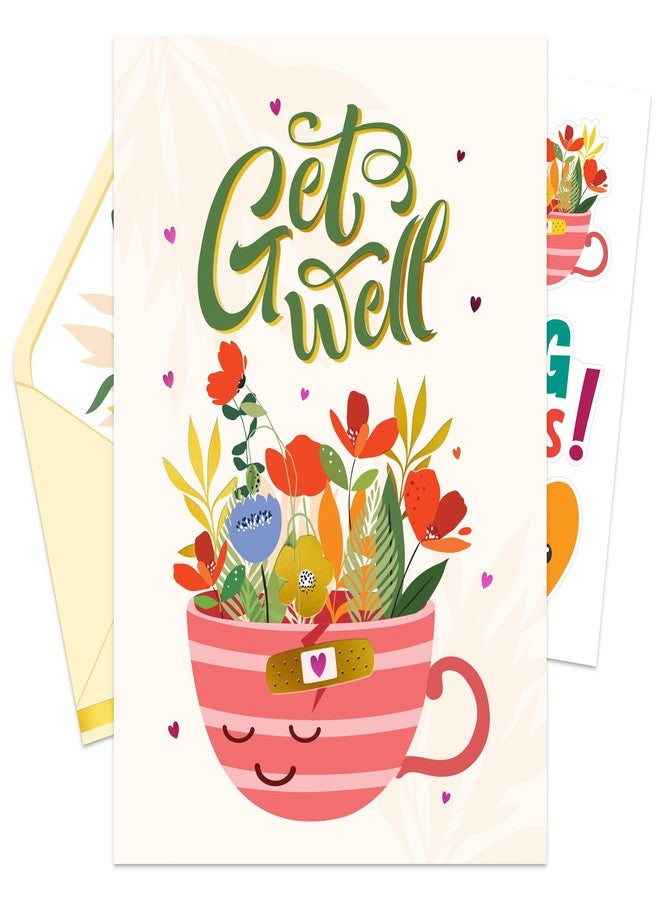 Decorably Pink and Gold Foiled 5x8in Individual Get Well Card with Envelopes and Stickers with Colorful Teacup Floral Design for Loved Ones, with Printed Message, Gifting, Mailing - Image 1