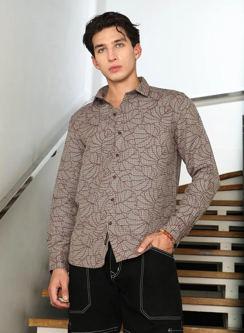 كامبوس سوترا Campus Sutra Men's Ash Brown Foliage-Stitch Plaid Shirt | Slim Fit Full Sleeve Point Collar Abstract Leaf Pattern | Breathable Cotton Blend Fabric For Semi-Formal & Everyday Wear