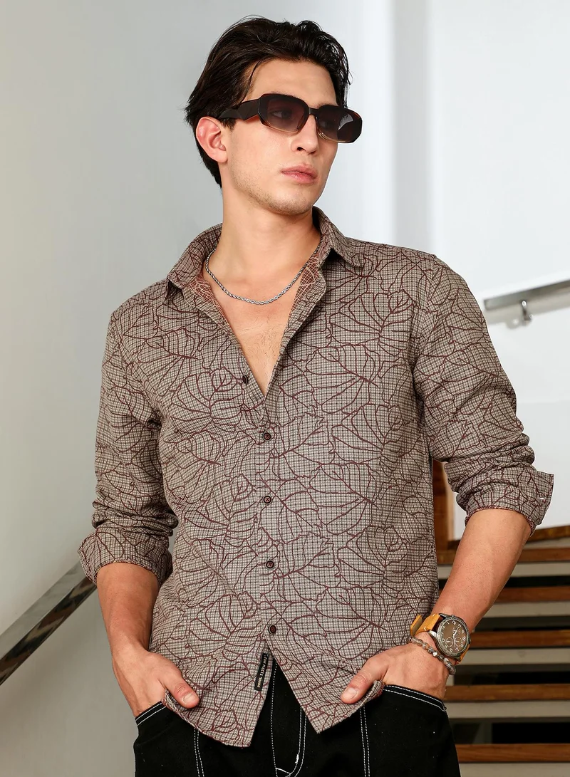 كامبوس سوترا Campus Sutra Men's Ash Brown Foliage-Stitch Plaid Shirt | Slim Fit Full Sleeve Point Collar Abstract Leaf Pattern | Breathable Cotton Blend Fabric For Semi-Formal & Everyday Wear