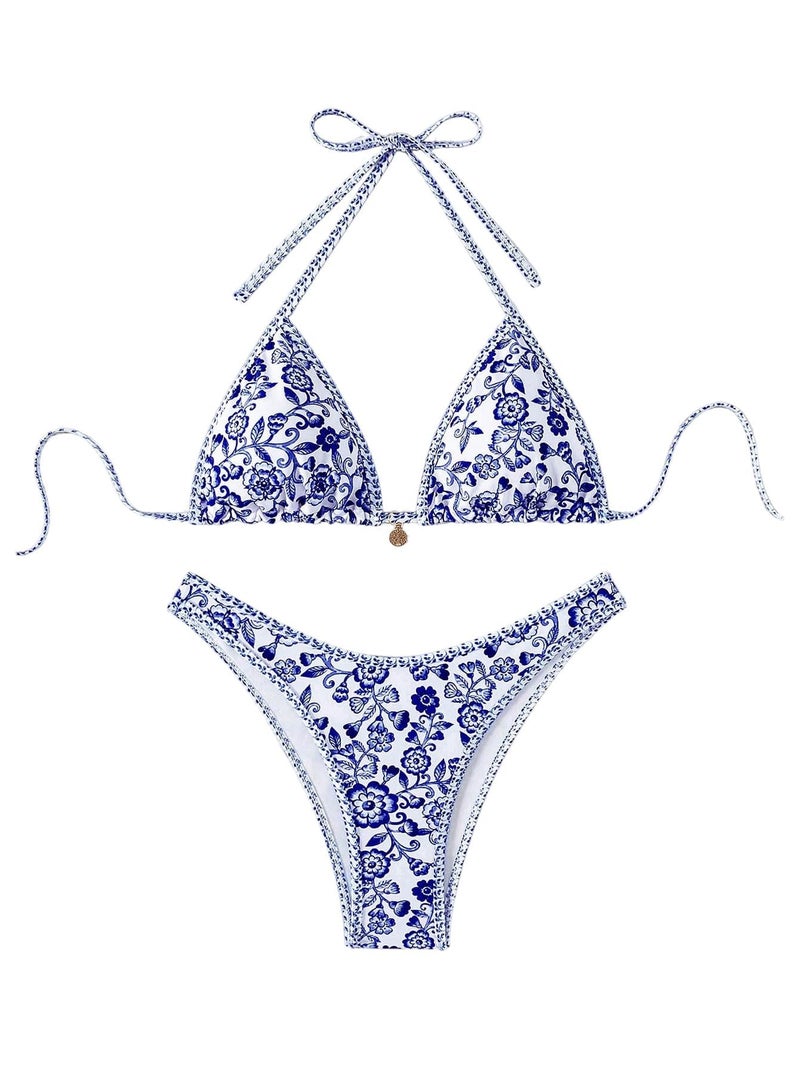 MakeMeChic Women's Polka Dots Triangle Thong Bikini Sets Floral Cute Bathing Suit Swimsuits Blue White a Medium - Image 2