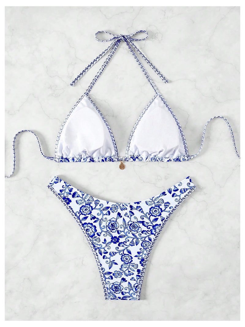 MakeMeChic Women's Polka Dots Triangle Thong Bikini Sets Floral Cute Bathing Suit Swimsuits Blue White a Medium - Image 3