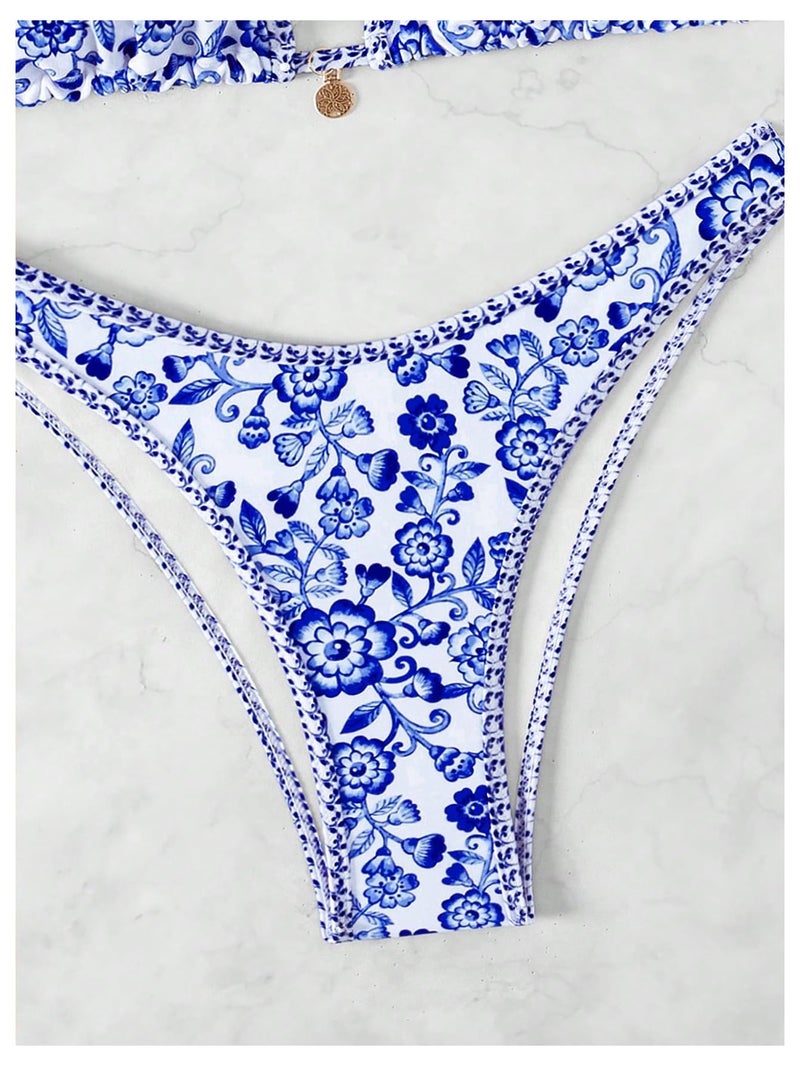 MakeMeChic Women's Polka Dots Triangle Thong Bikini Sets Floral Cute Bathing Suit Swimsuits Blue White a Medium - Image 5