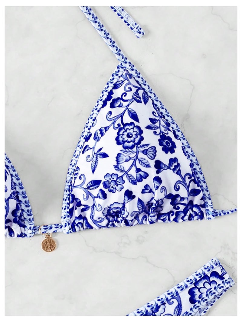 MakeMeChic Women's Polka Dots Triangle Thong Bikini Sets Floral Cute Bathing Suit Swimsuits Blue White a Medium - Image 4