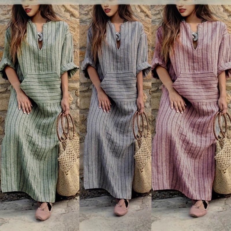 فستان كاجوال متسع من قطن وكتان بخطوط - Image 1