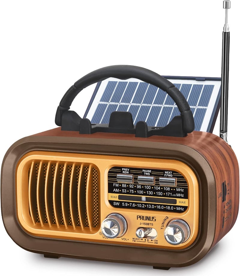 PRUNUS J-150 Portable Radio Vintage Wood FM/AM/SW,Mini Retro Bluetooth Radiolina,Solar Radio with 1200mAh Rechargeable Battery,Portable Radio Pile,Supports TF/AUX/USB,for Home,Kitchen,Table - Image 1