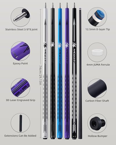 CRICAL Carbon Fiber Pool Cue Stick 58 Low Deflection Professional Pool Cue with Pro Taper Shaft 3D Wrapless Grip 125mm Tip 38x8 Joint Billiard Stick for Enhanced Control Accuracy Purple - Image 3