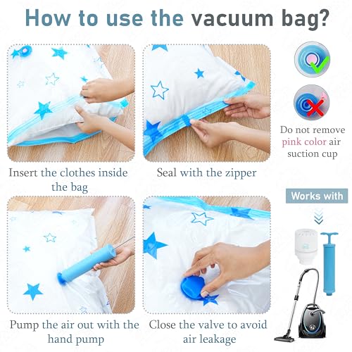 ABOUT SPACE Polyamide Polyethylene Vacuum Compression Bags (5 Pack) with Hand Pump | 1L/2M/2S Zip Seal Compression Storage Bags |Heavy-Duty Airtight Reusable Space Saver Luggage Organizer(Star - Blue) - Image 5