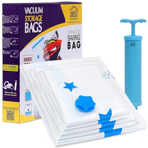 ABOUT SPACE Polyamide Polyethylene Vacuum Compression Bags (5 Pack) with Hand Pump | 1L/2M/2S Zip Seal Compression Storage Bags |Heavy-Duty Airtight Reusable Space Saver Luggage Organizer(Star - Blue) - Image 1