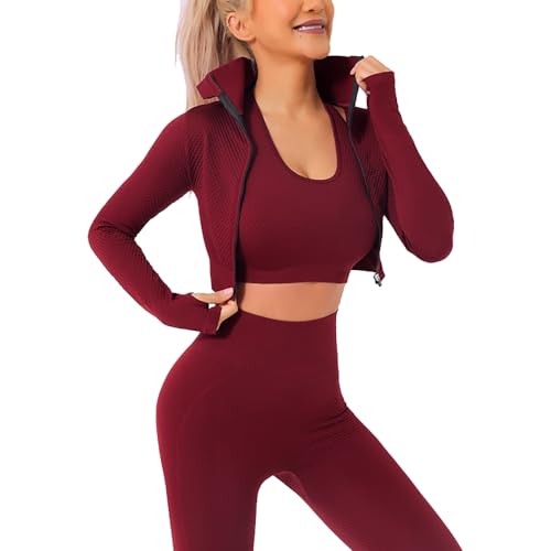 Veriliss Women's 3pcs Seamless Outfits Workout Sets,Gym Clothes Yoga Sportswear Leggings and Stretch Sports Bra Gym jumpsuits Clothes Set (Red,M) - Image 2