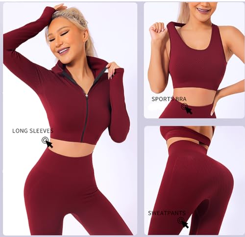 Veriliss Women's 3pcs Seamless Outfits Workout Sets,Gym Clothes Yoga Sportswear Leggings and Stretch Sports Bra Gym jumpsuits Clothes Set (Red,M) - Image 3