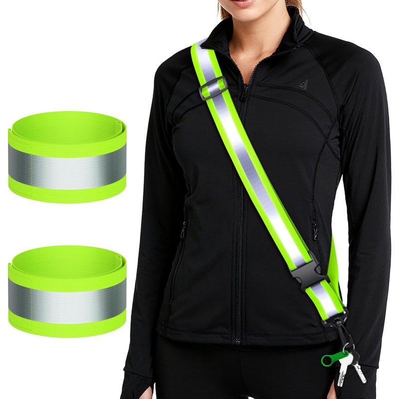 Samlior Reflective Walking Gear at Night, High Visibility Safety Reflective Sash Belt and 2-Pack Armband Set, Night Running Safety Gear for Women Men Kids (Green) - Image 1