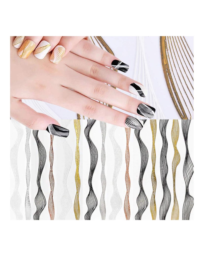 SOLARAE 6 Sheets Metallic Nail Stickers 3D Self Adhesive Black White Gold Silver Stripe Wave Line Decals Curve Lines Striping Tape Art Design for Women Girls - Image 1
