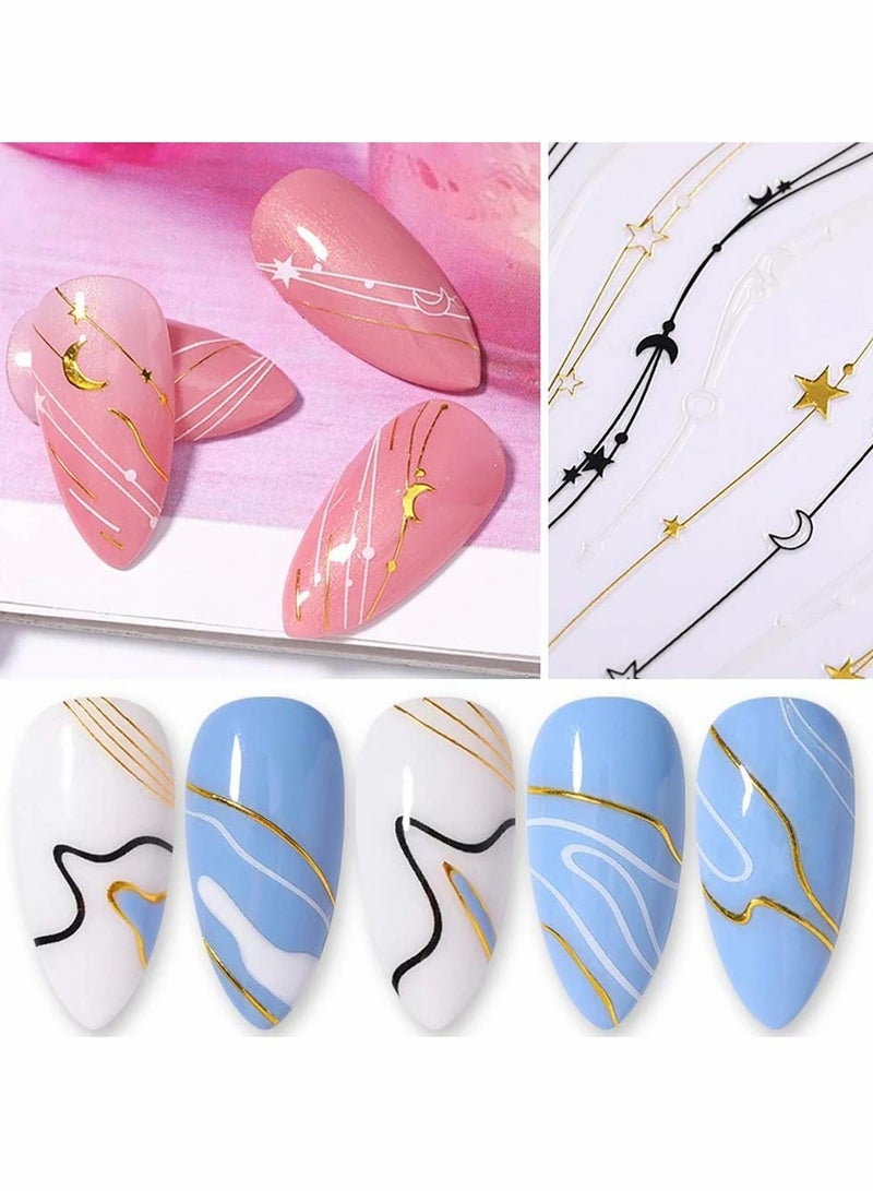 SOLARAE 6 Sheets Metallic Nail Stickers 3D Self Adhesive Black White Gold Silver Stripe Wave Line Decals Curve Lines Striping Tape Art Design for Women Girls - Image 3