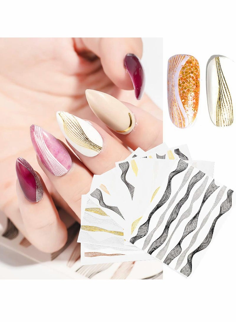 SOLARAE 6 Sheets Metallic Nail Stickers 3D Self Adhesive Black White Gold Silver Stripe Wave Line Decals Curve Lines Striping Tape Art Design for Women Girls - Image 2