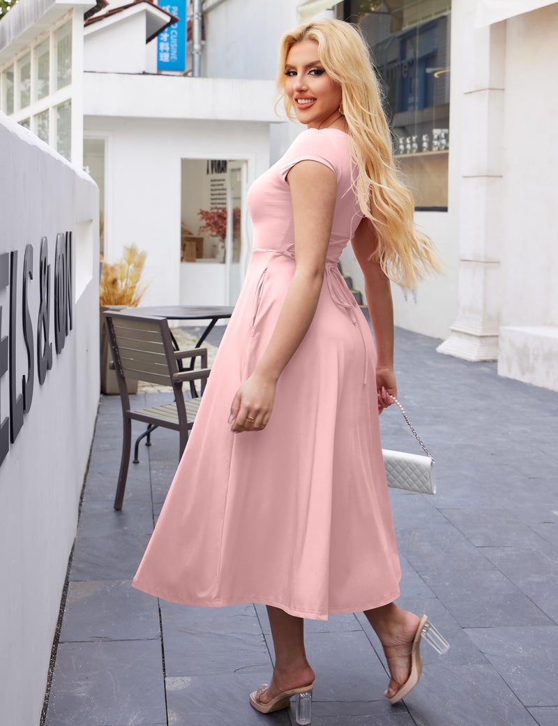YMDUCH Women's Casual Short Sleeve Square Neck Solid Slim Flowy Maxi Dress with Pockets Pink - Image 3