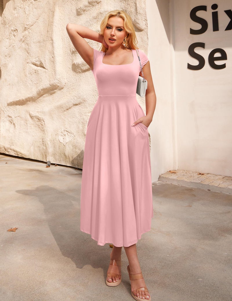 YMDUCH Women's Casual Short Sleeve Square Neck Solid Slim Flowy Maxi Dress with Pockets Pink - Image 4