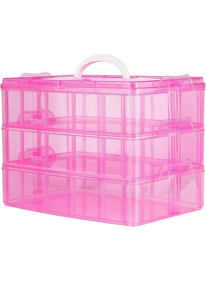 HOLLIO Plastic Storage Box 3-Tier Stackable Storage Containers with lids -30 Adjustable Compartments for Craft Organizers and Storage for Jewelry, beads,beauty,makeup and sewing supplies (PINK) - Image 1
