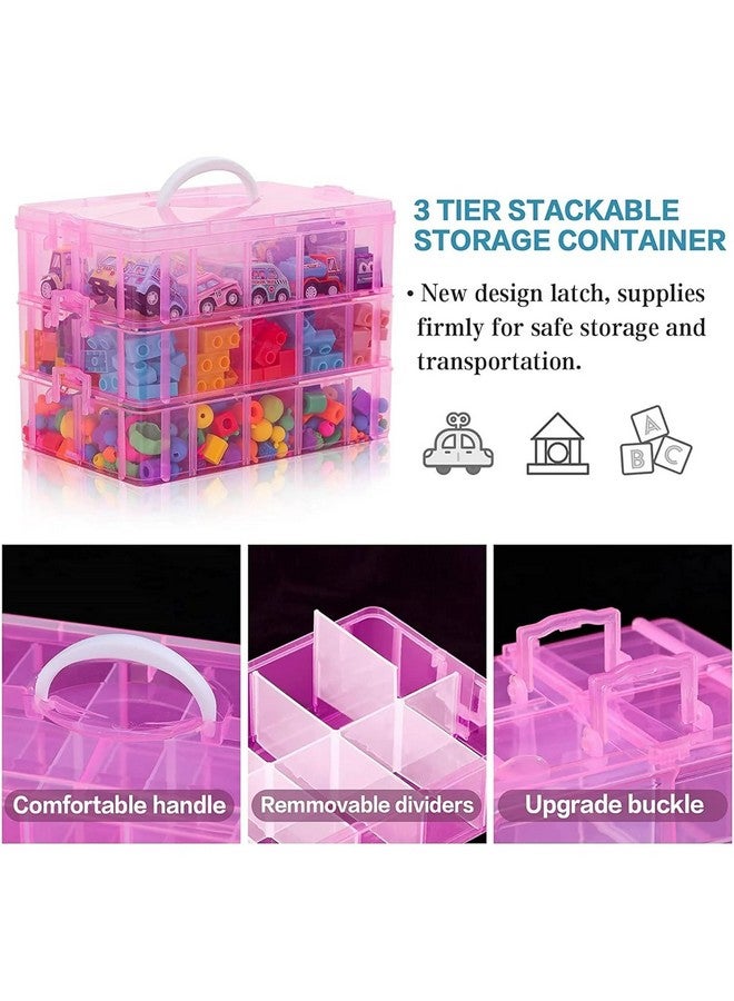 HOLLIO Plastic Storage Box 3-Tier Stackable Storage Containers with lids -30 Adjustable Compartments for Craft Organizers and Storage for Jewelry, beads,beauty,makeup and sewing supplies (PINK) - Image 2