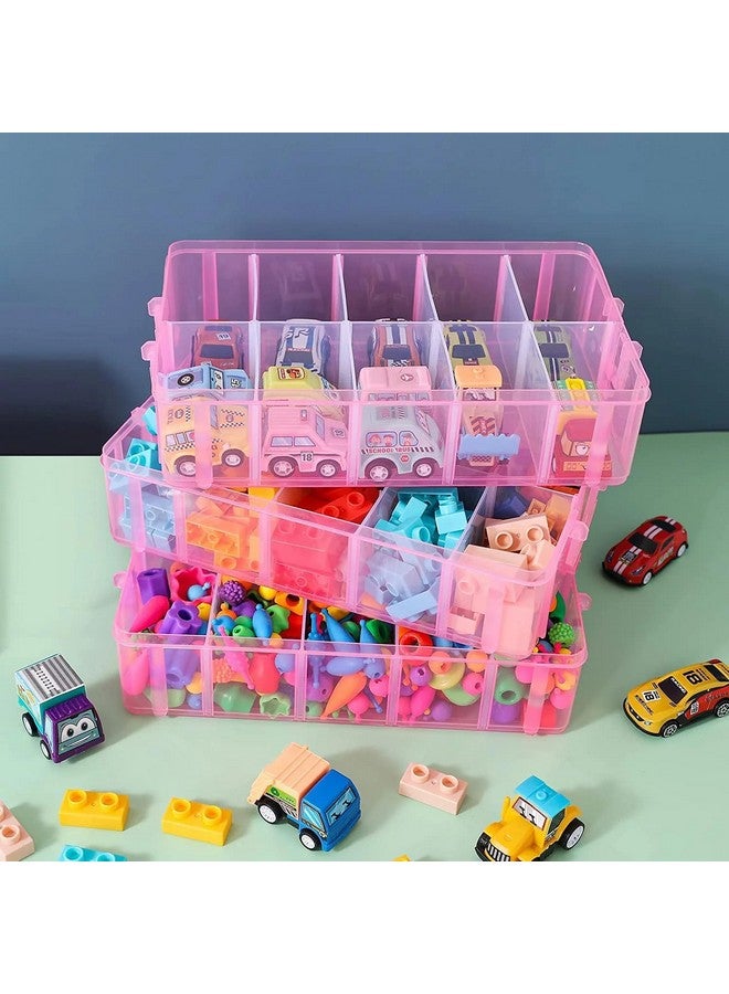 HOLLIO Plastic Storage Box 3-Tier Stackable Storage Containers with lids -30 Adjustable Compartments for Craft Organizers and Storage for Jewelry, beads,beauty,makeup and sewing supplies (PINK) - Image 3