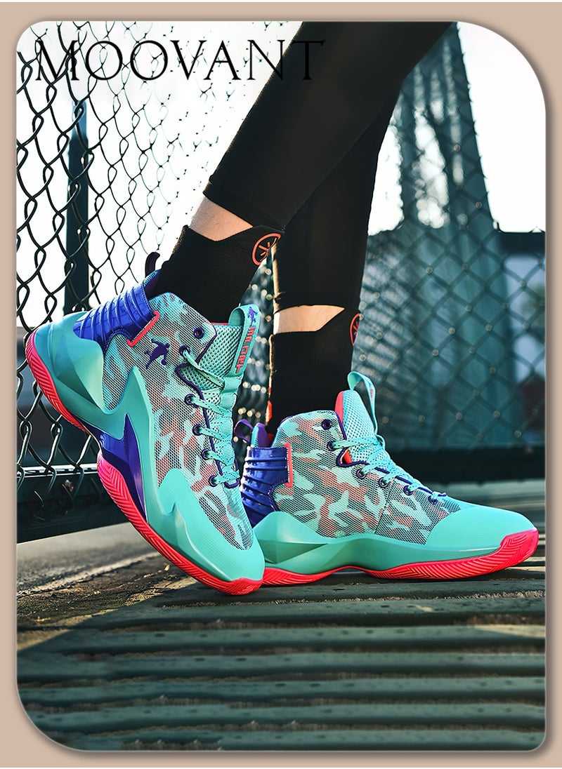 Moovant High Top Basketball Shoes, for Men Teenage Students, Breathable Mesh Basketball Boots, Lace-up Sneakers, Lightweight and Cushioned, Cyan  - Image 1