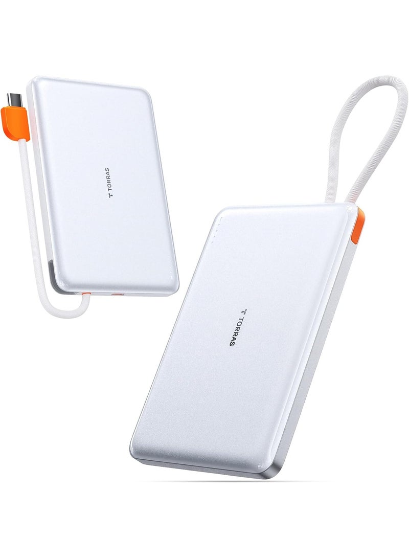 TORRAS 10000 mAh PebbleLink Power Bank with Built-in USB-C Cable, Ultra-Slim Portable Charger USB C, 22.5W Fast Charging Battery Pack for iPhone 16/15/Samsung S25 Ultra/Android, (No-Wireless) - Glacier White - Image 1