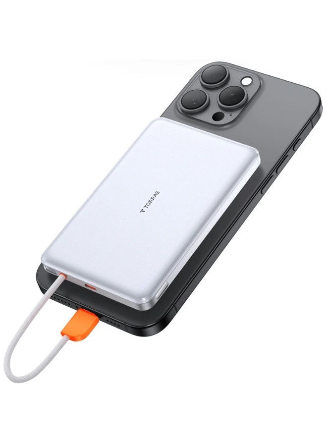 TORRAS 10000 mAh PebbleLink Power Bank with Built-in USB-C Cable, Ultra-Slim Portable Charger USB C, 22.5W Fast Charging Battery Pack for iPhone 16/15/Samsung S25 Ultra/Android, (No-Wireless) - Glacier White - Image 2