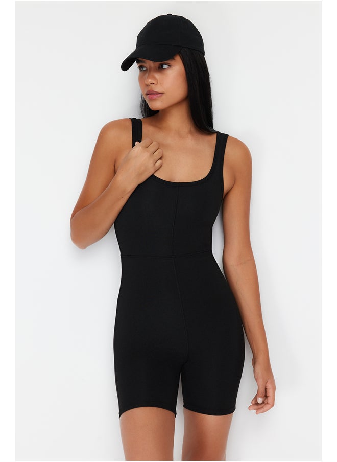 trendyol - Black Recovery Karyoka Stitching Detailed Knitted Sports Shorts Length Jumpsuit THMSS24TU00002 - Image 1