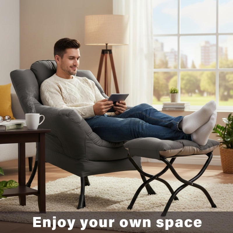 Givjoy Lazy Chair with Ottoman, Large Dark Grey Accent Chair with a Side Pocket, Modern Leisure Upholstered Sofa Reading Armchair with Footrest for Office, Bedroom, Living Room, Dorm Rooms, Balcony - Image 2
