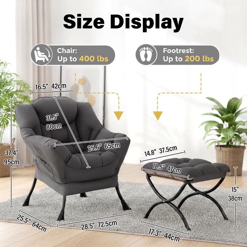 Givjoy Lazy Chair with Ottoman, Large Dark Grey Accent Chair with a Side Pocket, Modern Leisure Upholstered Sofa Reading Armchair with Footrest for Office, Bedroom, Living Room, Dorm Rooms, Balcony - Image 3