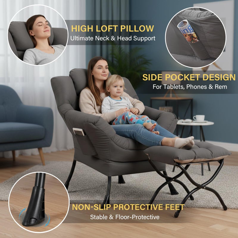 Givjoy Lazy Chair with Ottoman, Large Dark Grey Accent Chair with a Side Pocket, Modern Leisure Upholstered Sofa Reading Armchair with Footrest for Office, Bedroom, Living Room, Dorm Rooms, Balcony - Image 4