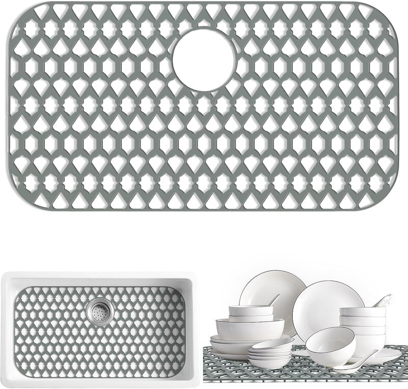 SAMSIER Sink Protectors for Kitchen Sink 13x11 &16x12 &19x13 &19x14 &21x16 &22x13 &24x13 &26x14 &28x14 &30x14 &30x16, Farmhouse Silicone Mats Grid for Bottom (30”x16”, Rear Drain) - Image 1