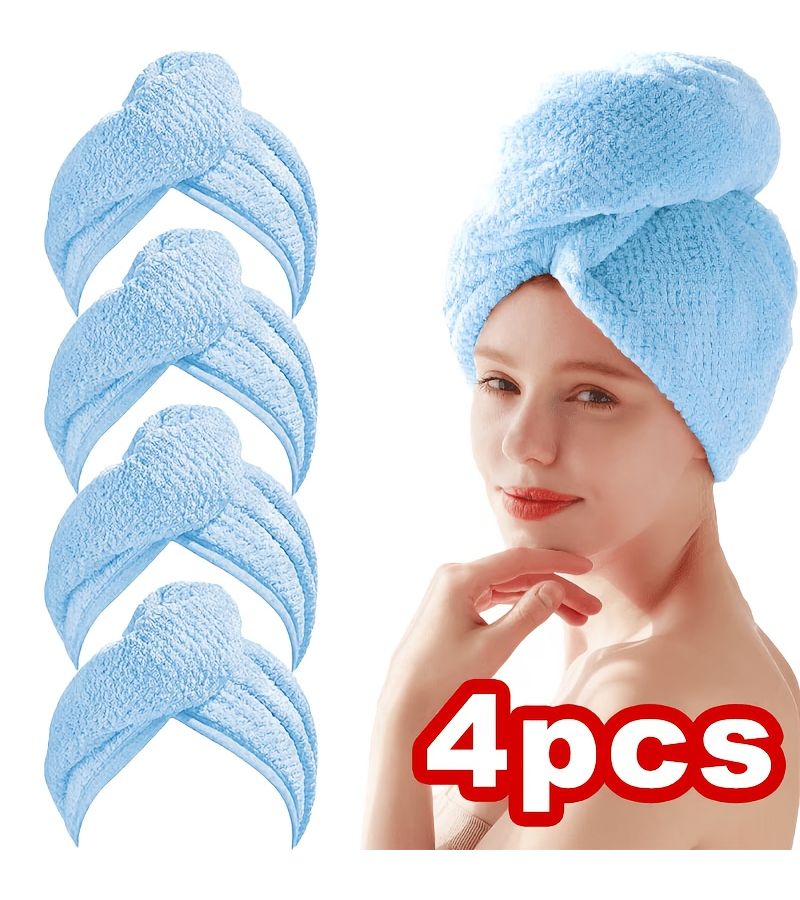 4 Light Blue Microfiber Hair Towel Cap Super Absorbent Quick Drying Anti Frizz For Curly Hair - Image 2