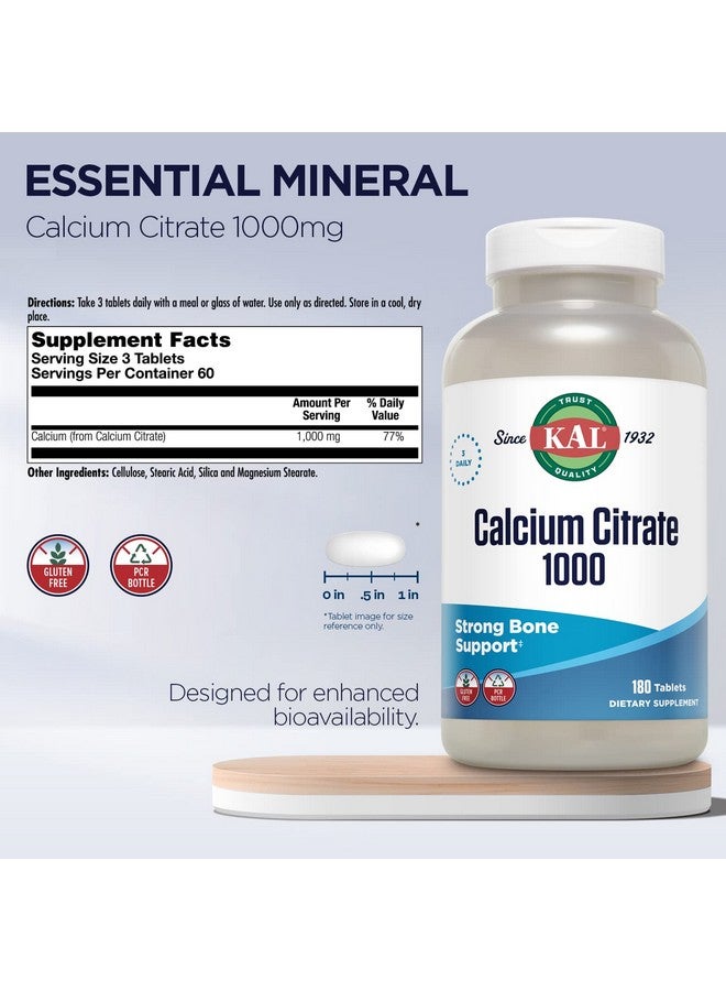 KAL Calcium Citrate 1000mg, Calcium Supplements for Women and Men, Bone Health, Teeth, Nervous, Muscular & Cardiovascular System Support, Gluten Free and Lab Verified, 60 Servings, 180 Tablets - Image 2