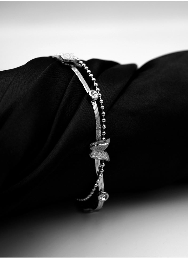 mjuhurat Elegant Dual-Layer Butterfly Bracelet – Silver Finish with Crystal Accents  - Image 4
