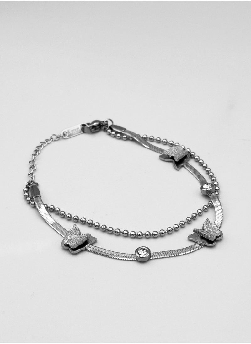 mjuhurat Elegant Dual-Layer Butterfly Bracelet – Silver Finish with Crystal Accents  - Image 3