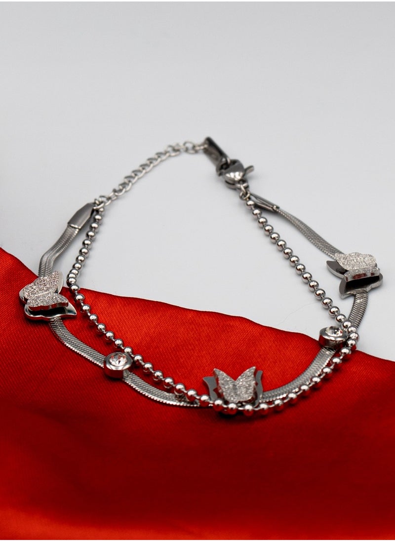 mjuhurat Elegant Dual-Layer Butterfly Bracelet – Silver Finish with Crystal Accents  - Image 2