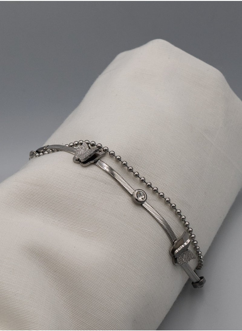 mjuhurat Elegant Dual-Layer Butterfly Bracelet – Silver Finish with Crystal Accents  - Image 1