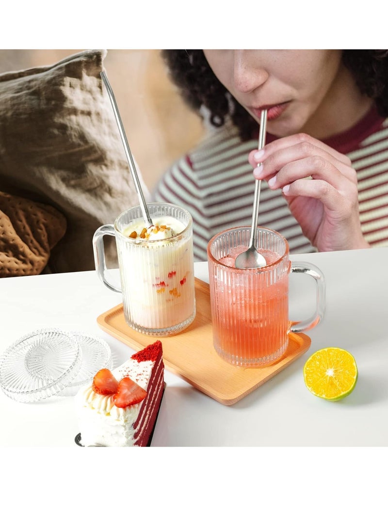 Excefore Glass Coffee Mugs Clear Mug, 13 Oz Ribbed Mugs Classical Vertical Stripes Glass Tea Cups With Lids Set of 4, Elegant Lovely Gifts for Latte, Cappuccino, Tea and Juice - Image 3