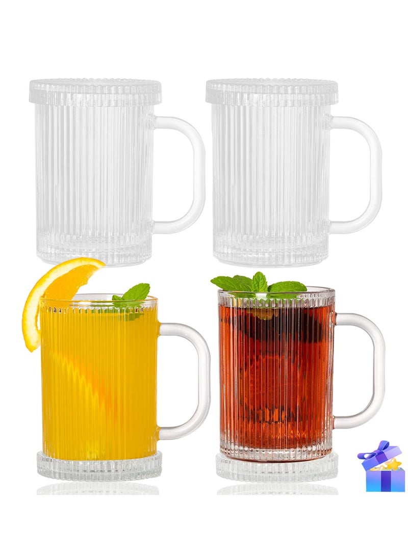 Excefore Glass Coffee Mugs Clear Mug, 13 Oz Ribbed Mugs Classical Vertical Stripes Glass Tea Cups With Lids Set of 4, Elegant Lovely Gifts for Latte, Cappuccino, Tea and Juice - Image 1