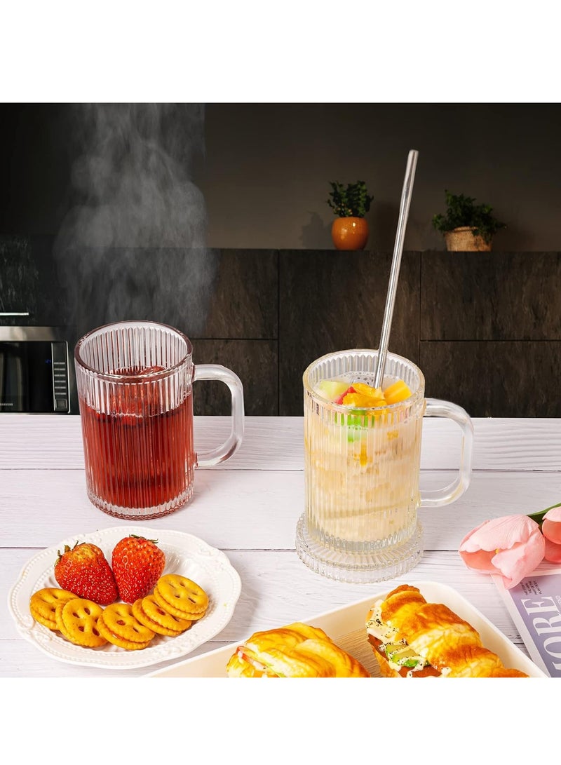 Excefore Glass Coffee Mugs Clear Mug, 13 Oz Ribbed Mugs Classical Vertical Stripes Glass Tea Cups With Lids Set of 4, Elegant Lovely Gifts for Latte, Cappuccino, Tea and Juice - Image 2