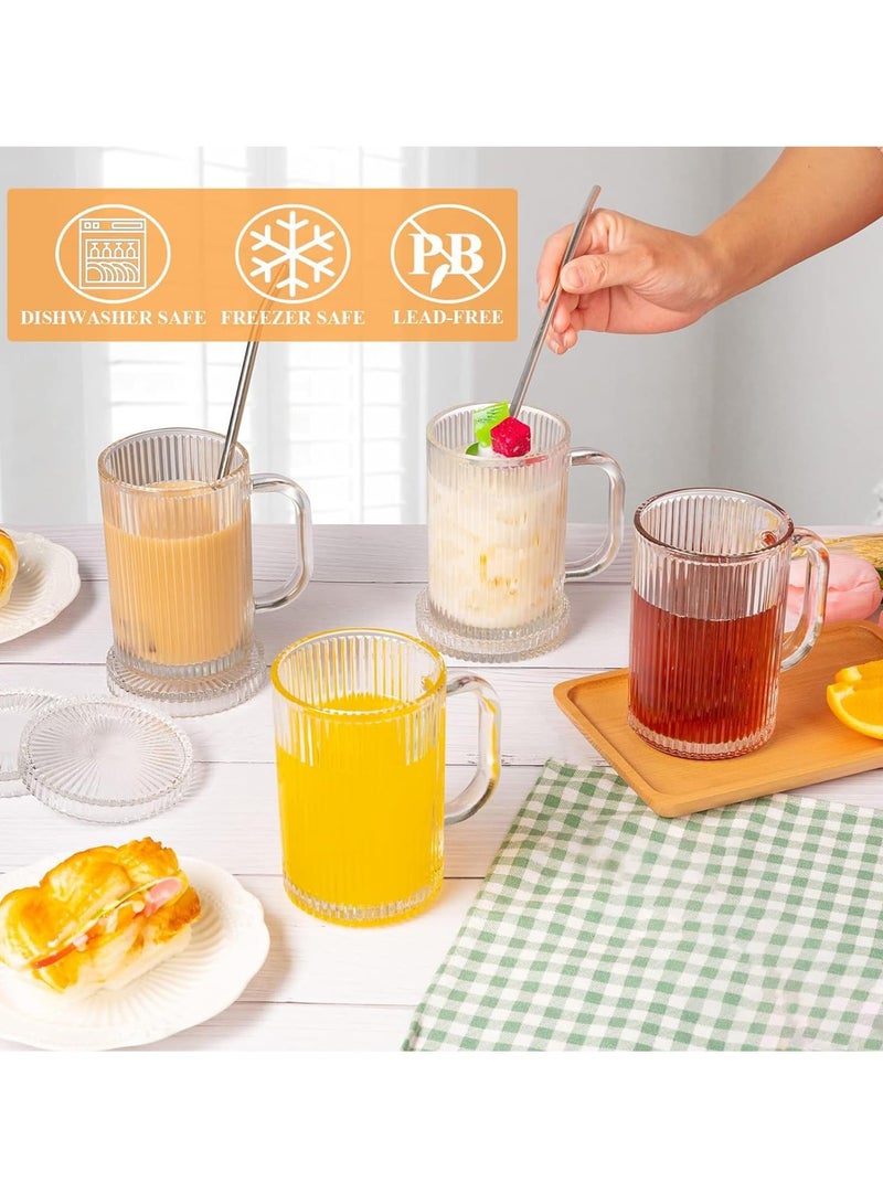 Excefore Glass Coffee Mugs Clear Mug, 13 Oz Ribbed Mugs Classical Vertical Stripes Glass Tea Cups With Lids Set of 4, Elegant Lovely Gifts for Latte, Cappuccino, Tea and Juice - Image 4