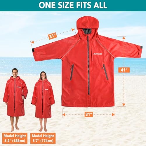 Suncube SUN CUBE Swim Parka Men Women, Unisex Hooded Changing Robe with Water Resistant Shell and Warm Fleece Lining for Swimming, Surfing, Triathlon, Water Sports, Red - Image 2